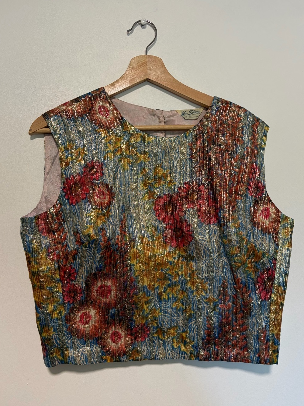 Vintage 60s Kay Silver Metallic Brocade Floral Sleeveless Crop Top